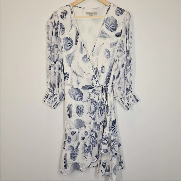 All Saints Ari Oceano Coastal Mini Beach Wrap Ruffle Dress Size 8 - Picture 1 of 6